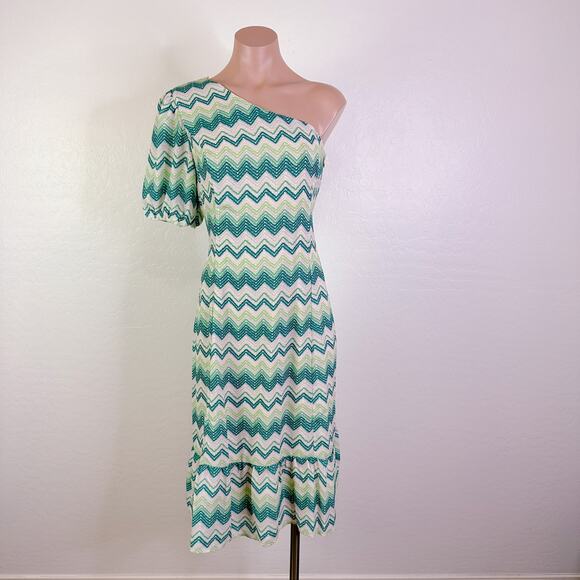Collective Concepts Chevron One Shoulder Puff Sleeve Dress White Green M NWT - Picture 12 of 12